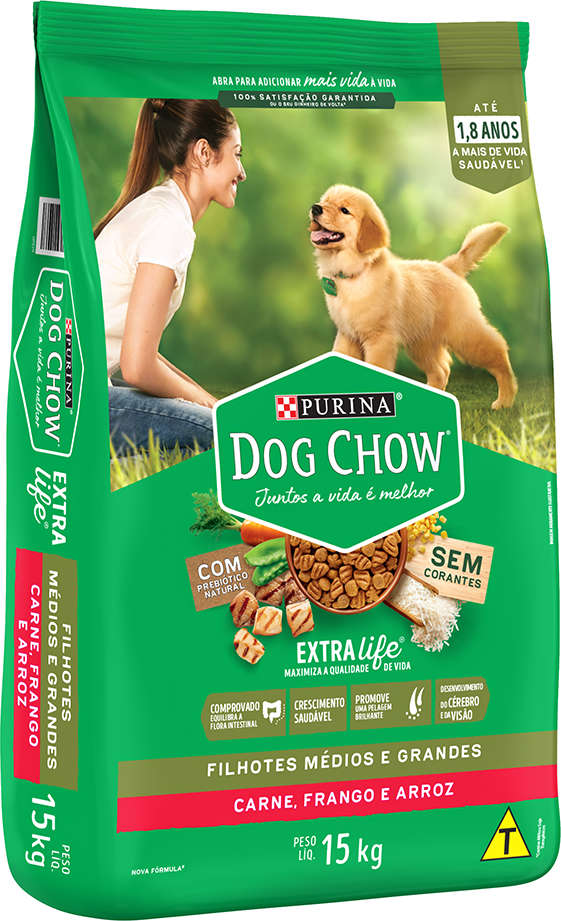 Ração Seca Nestlé Purina Dog Chow Extra Life Carne, Frango e Arroz Cães Filhotes Todas as Raças - 15Kg