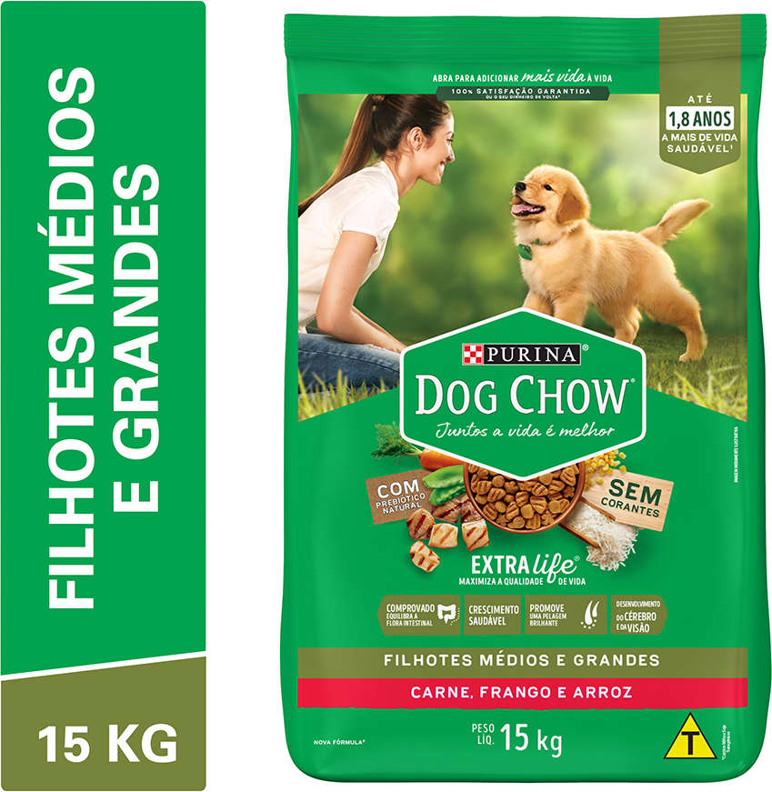 Ração Seca Nestlé Purina Dog Chow Extra Life Carne, Frango e Arroz Cães Filhotes Todas as Raças - 15Kg