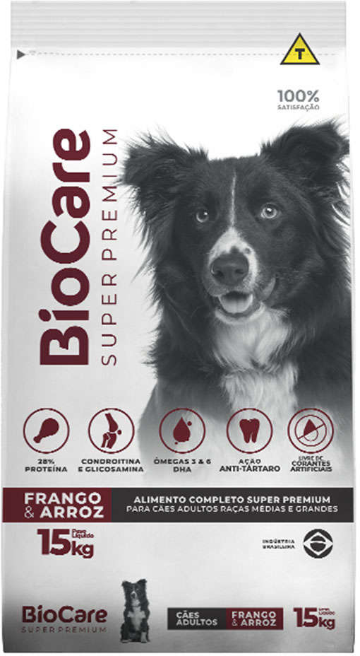 Ração Seca Biocare Super Premium Frango e Arroz para Cães Adultos de Porte Médio e Grande - 15Kg
