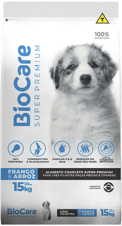 Ração Seca Biocare Super Premium Frango e Arroz para Cães Filhotes de Porte Médio e Grande - 15Kg