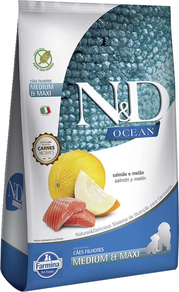 Ração Seca Farmina N&D Ocean Salmão e Melão para Cães Filhotes Raças Médias e Grandes - 2,5Kg