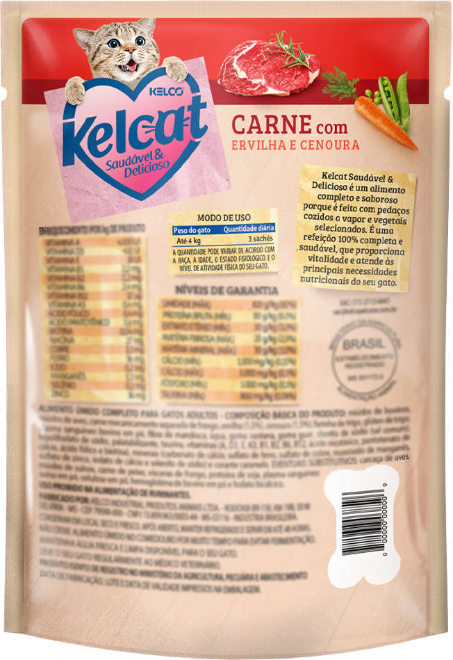 Ração Úmida Kelcat Sachê Carne, Ervilha e Cenoura - 85 g