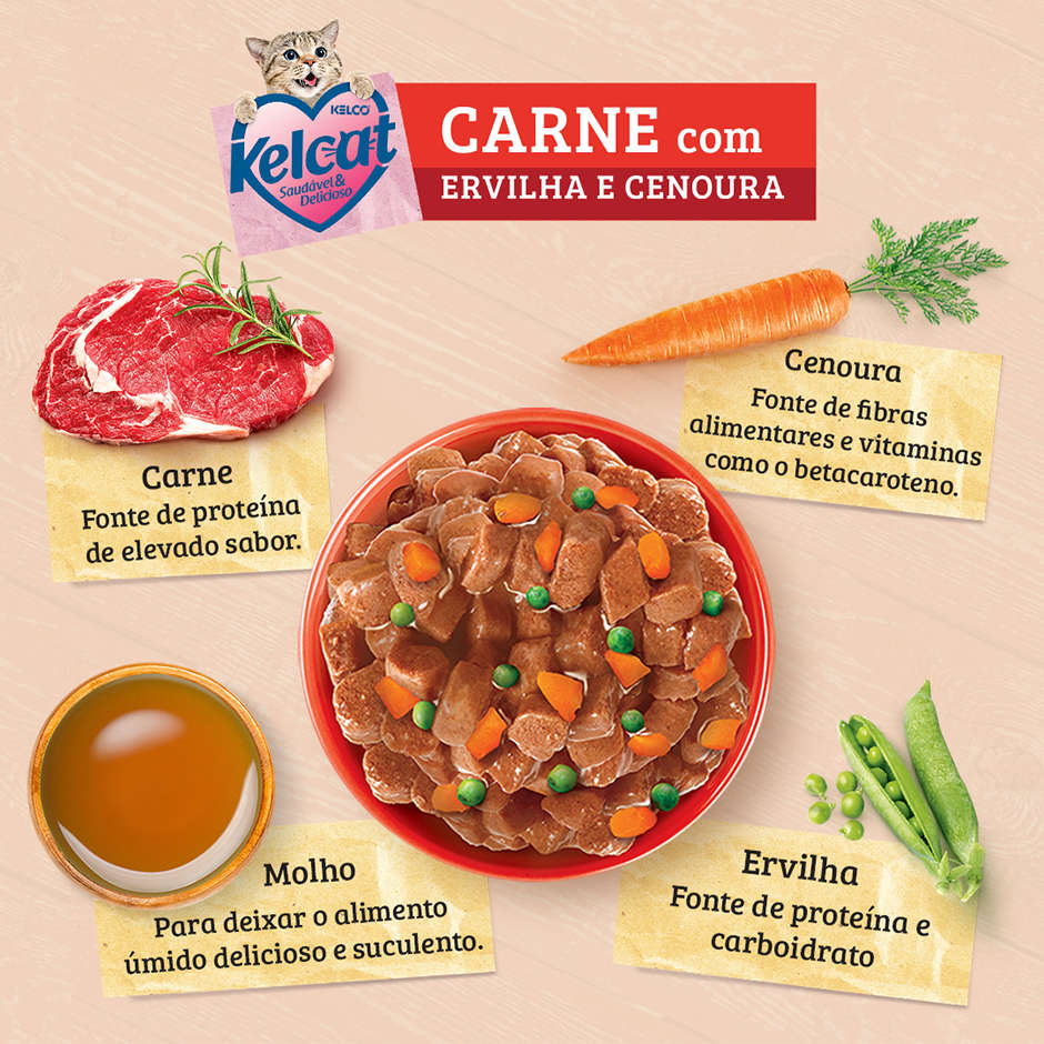 Ração Úmida Kelcat Sachê Carne, Ervilha e Cenoura - 85 g
