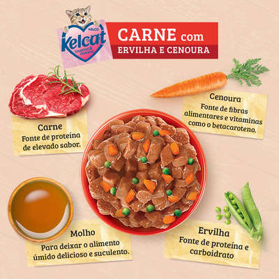 Ração Úmida Kelcat Sachê Carne, Ervilha e Cenoura