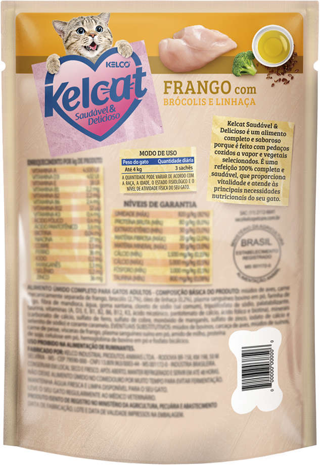 Ração Úmida Kelcat Sachê Frango, Brócolis e Linhaça - 85 g