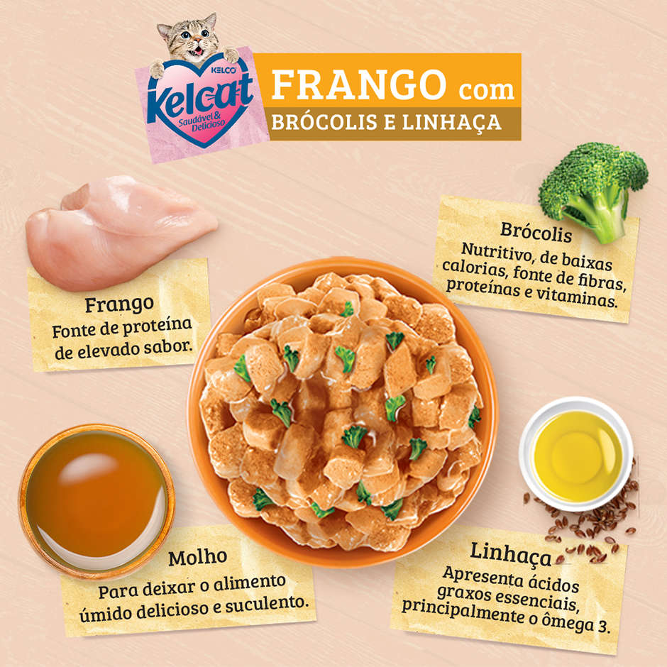 Ração Úmida Kelcat Sachê Frango, Brócolis e Linhaça - 85 g