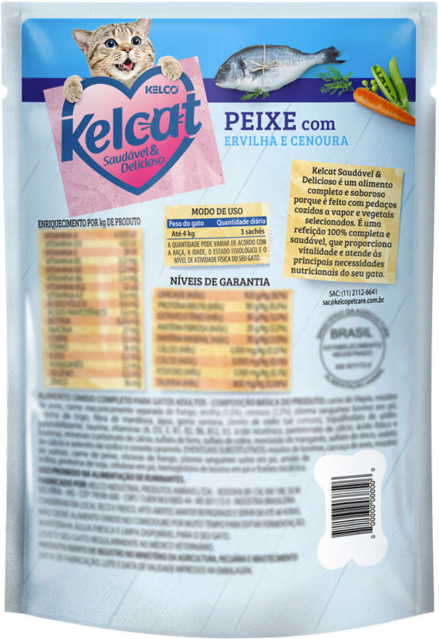 Ração Úmida Kelcat Sachê Peixe, Ervilha e Cenoura - 85 g