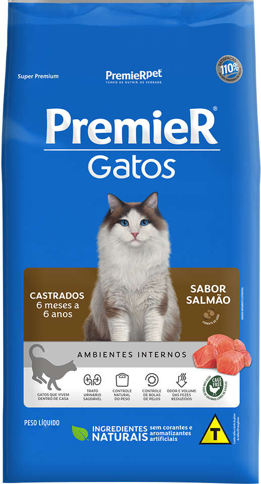 Ração Seca Premier Pet Ambientes Internos Salmão 6 Meses a 6 Anos para Gatos Castrados- 7,5Kg