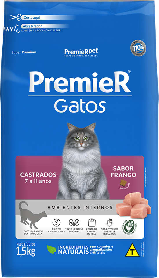 Ração Seca Premier Pet Ambientes Internos Frango 7 a 11 Anos para Gatos Castrados - 1,5Kg