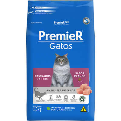 Ração Seca Premier Pet Ambientes Internos Frango 7 a 11 Anos para Gatos Castrados