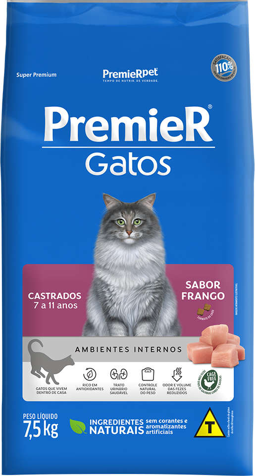 Ração Seca Premier Pet Ambientes Internos Frango 7 a 11 Anos para Gatos Castrados- 7,5Kg