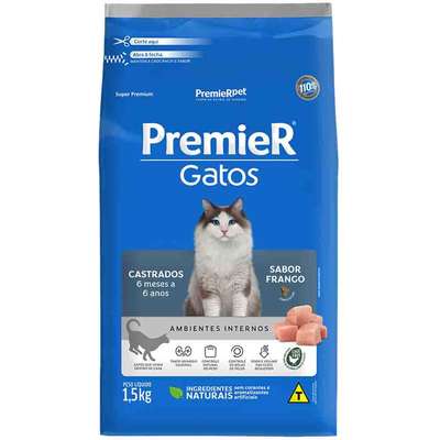 Ração Seca Premier Pet Ambientes Internos Frango 6 Meses a 6 Anos para Gatos Castrados.