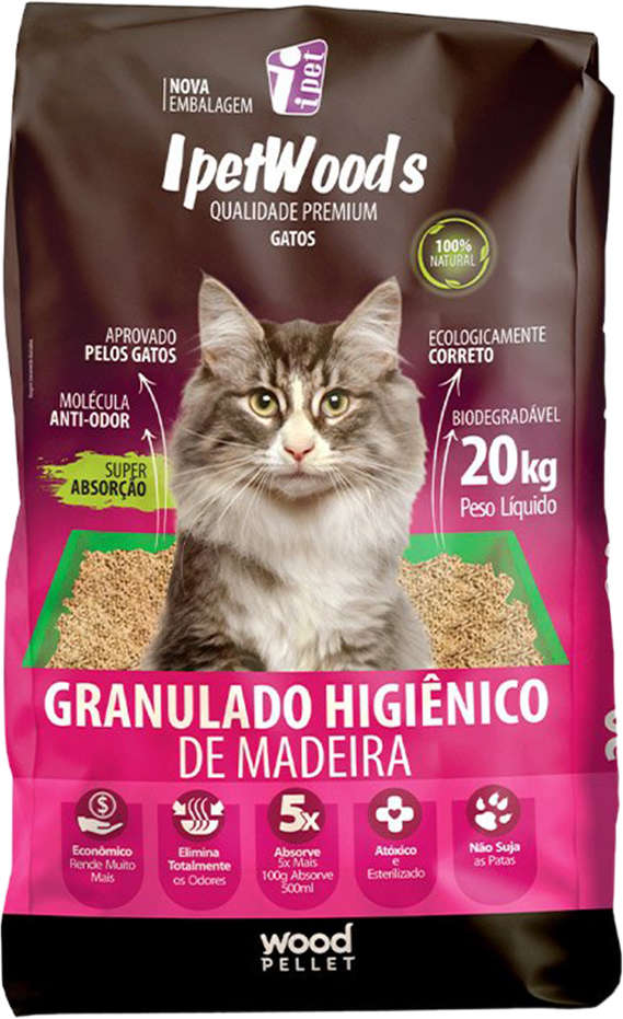 Granulado Ipet Woods de Madeira para Gatos - 20Kg