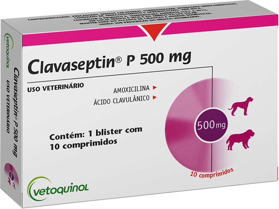 Antibiótico Vetoquinol Clavaseptin P 500 mg para Cães e Gatos - 10 Comprimidos
