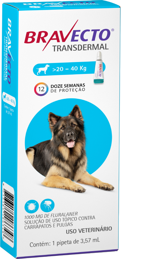 Antipulgas e Carrapatos Bravecto Transdermal 1000 mg para Cães de 20 a 40Kg - 1 Pipeta