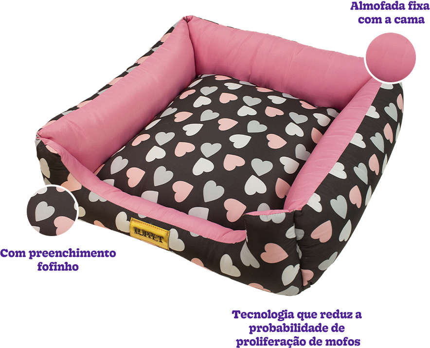 Cama Luppet Quadrada Preto Coração - Tam. M