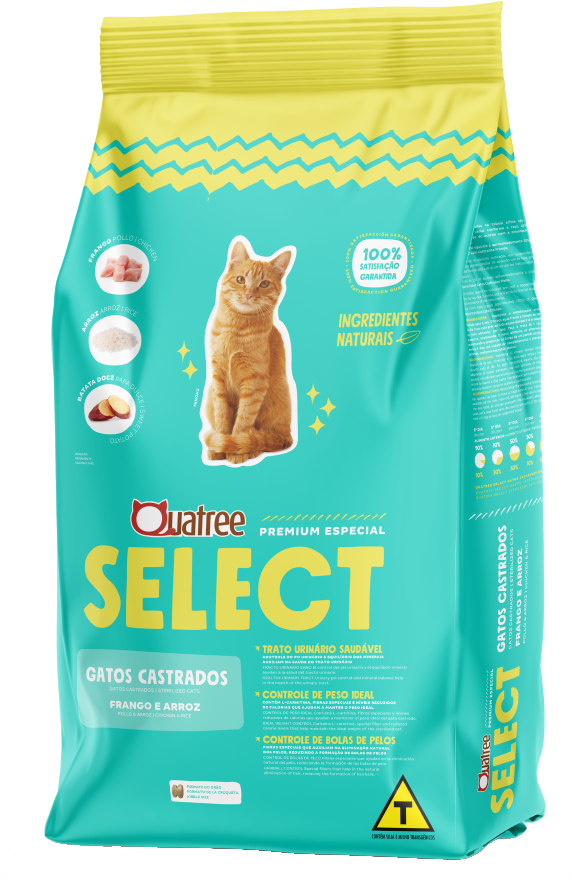 Ração Seca Quatree Select Frango Arroz Gatos Castrados - 10,1Kg