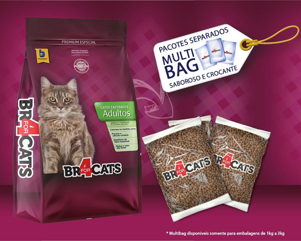 Ração Seca BR4 Cats Arroz e Frango para Gatos Castrados - 3Kg