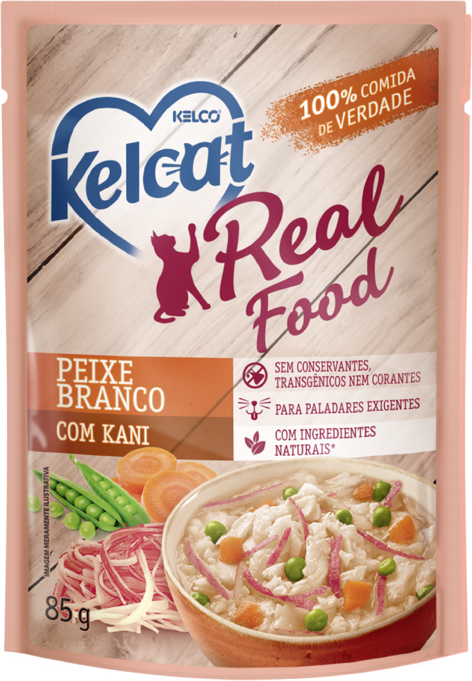 Ração Úmida Kelcat Real Food Peixe Branco com Kani - 85 g