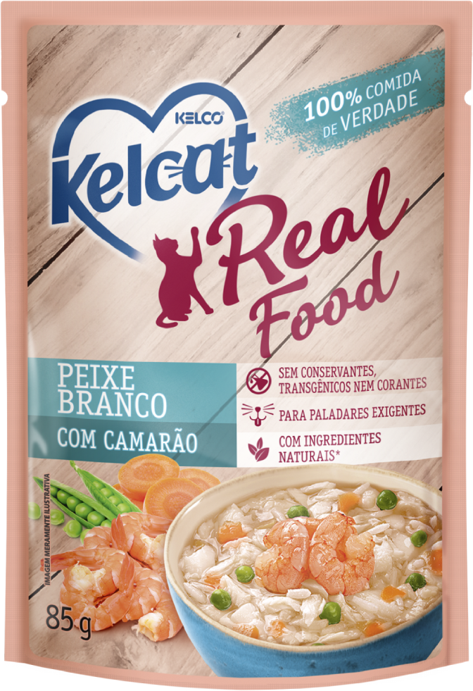 Ração Úmida Kelcat Real Food Peixe Branco com Camarão - 85 g