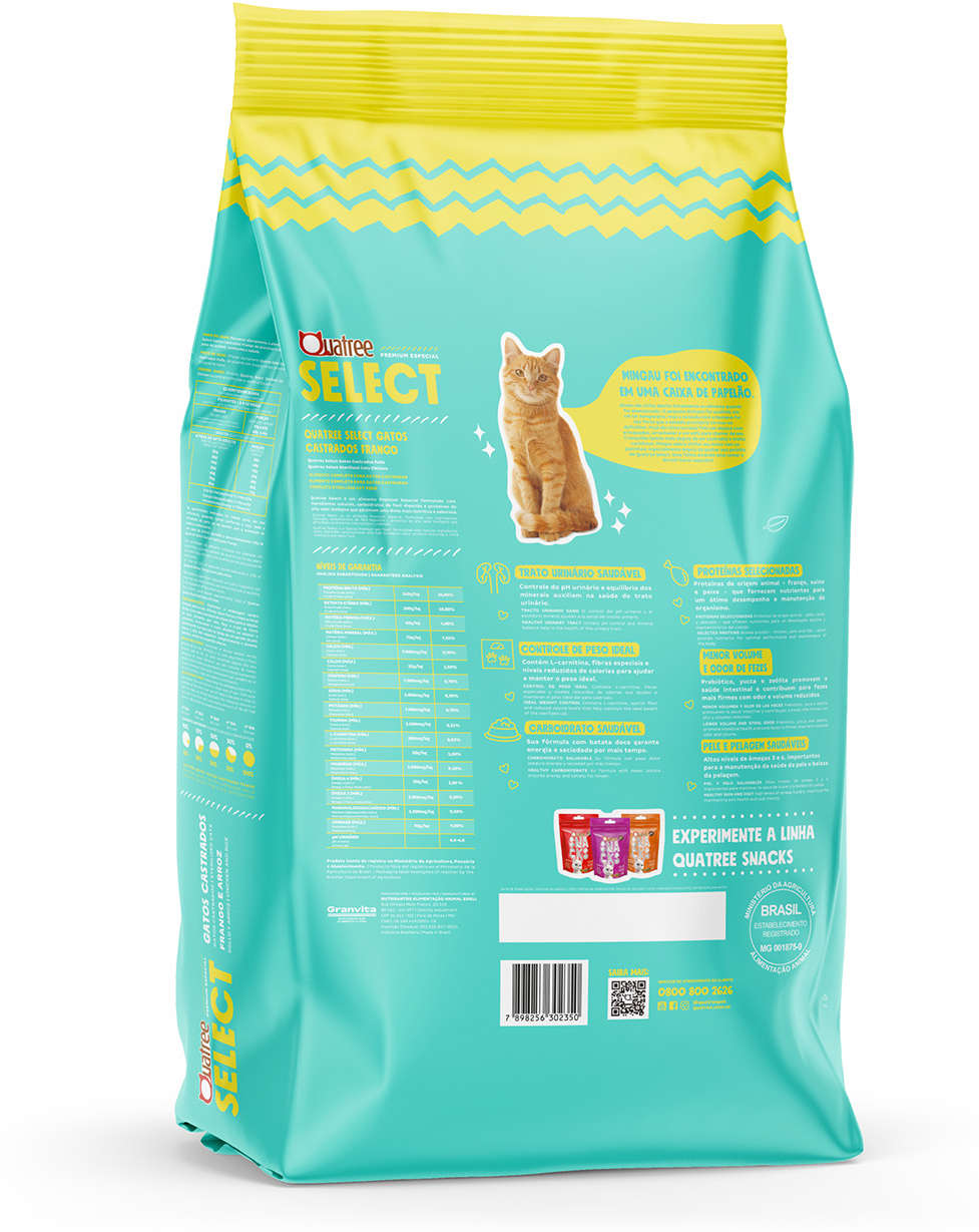 Ração Seca Quatree Select Frango Arroz Gatos Castrados - 10,1Kg