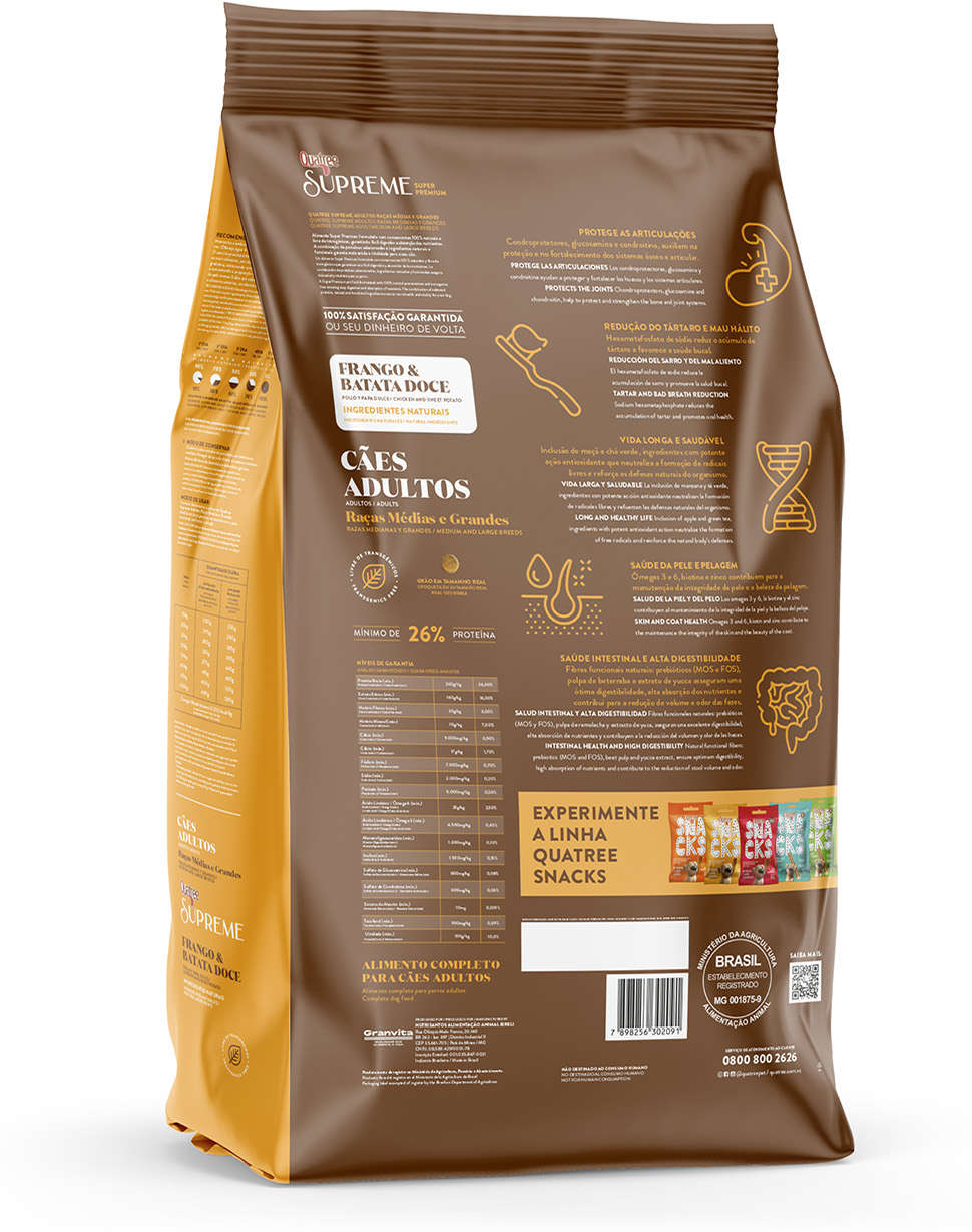 Ração Seca Quatree Supreme Frango e Batata Doce Cães Adultos Raças Médias e Grandes - 15Kg