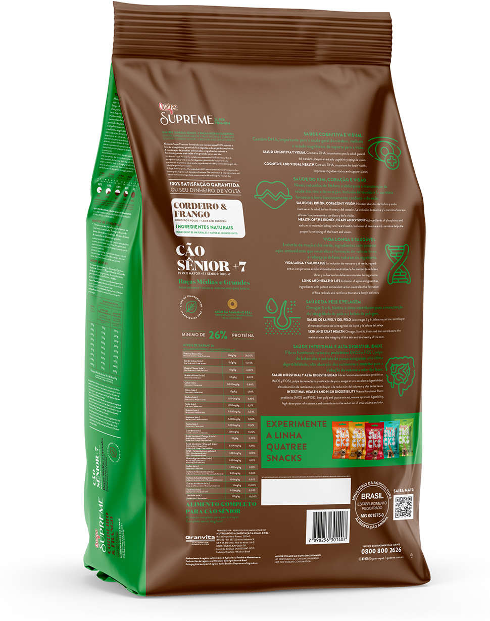 Ração Seca Quatree Supreme Cordeiro e Frango Cães Sênior +7 Raças Médias e Grandes - 15Kg
