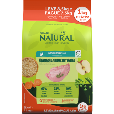 Ração Guabi Natural Frango e Arroz Integral para Gatos Adultos Castrados