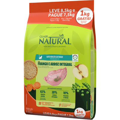 Ração Guabi Natural Frango e Arroz Integral para Gatos Adultos Castrados