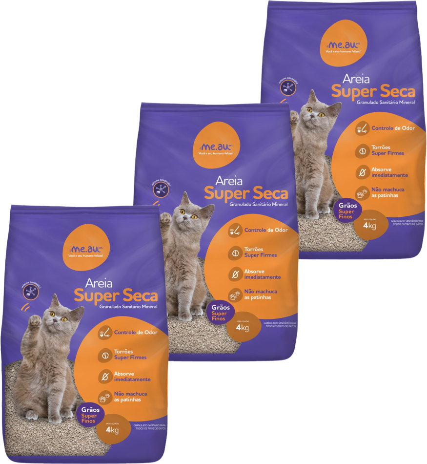 Kit Areia Sanitária Mineral Me.Au Pet Super Seca para Gatos 4Kg - 12Kg (3 Unidades)