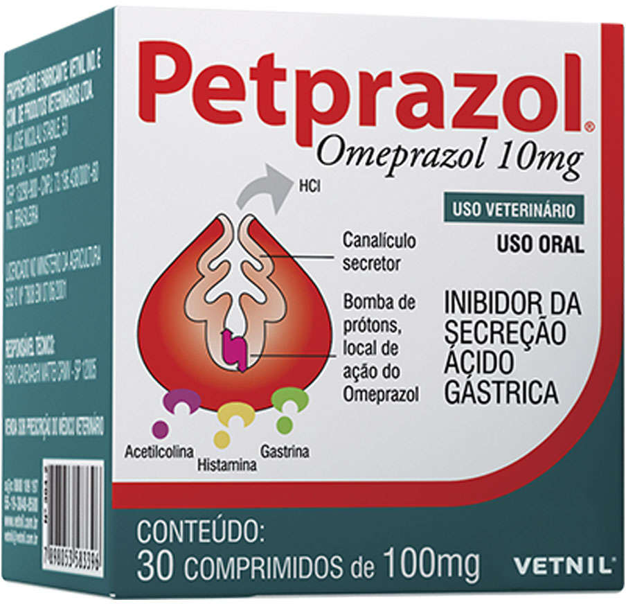 Inibidor de Secreção Ácido-Gástrica Vetnil Petprazol 10 mg - 30 Comprimidos