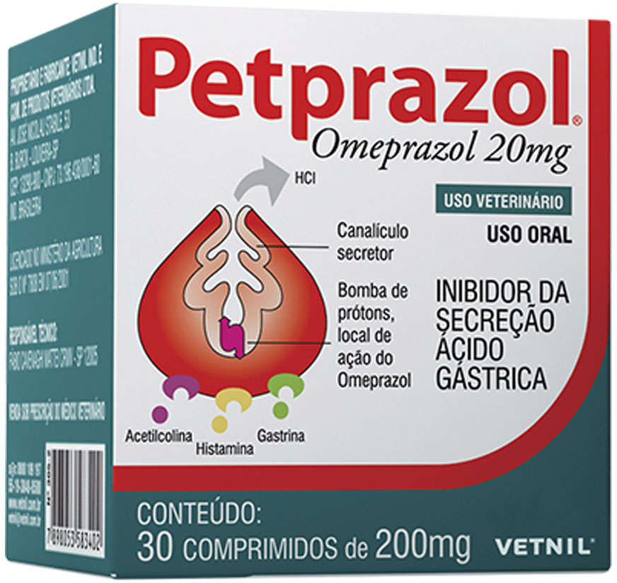 Inibidor de Secreção Ácido-Gástrica Vetnil Petprazol 20 mg - 30 Comprimidos