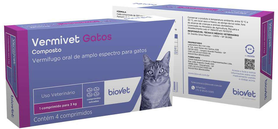 Vermífugo Biovet Vermivet 300 mg para Gatos - 4 Comprimidos