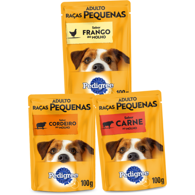Kit Pedigree Sachê Cães Adultos Raças Pequenas Cordeiro + Frango + Carne - 36 Unidades