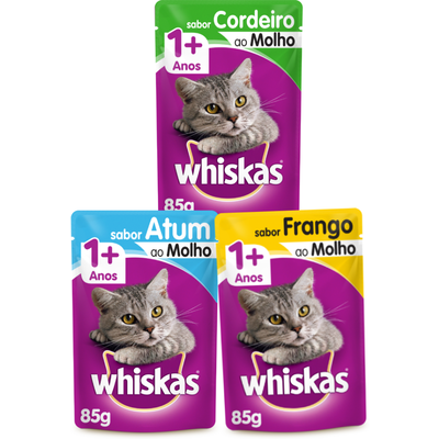 Kit Whiskas Sachê Gatos Adultos Frango + Atum + Cordeiro - 40 Unidades