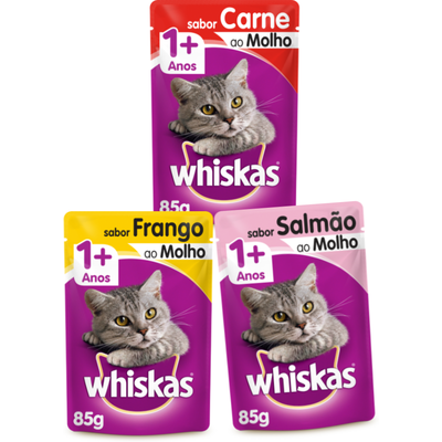 Kit Whiskas Sachê Gatos Adultos Carne + Frango + Salmão - 40 Unidades