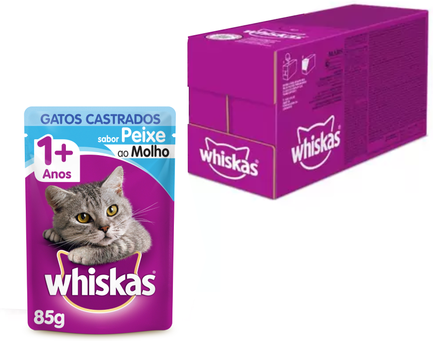 Kit Ração Úmida Whiskas Sachê Peixe ao Molho para Gatos Adultos Castrados - 20 Unidades