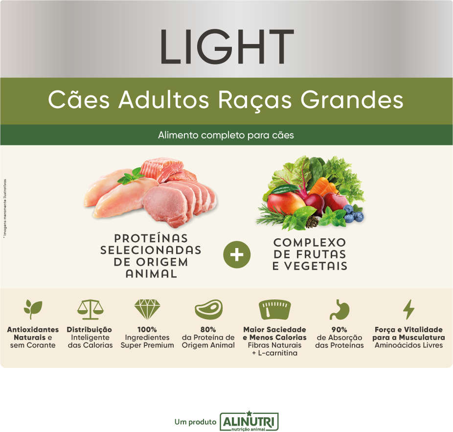 Ração Seca Alinutri Nature Fórmula Pro Light para Cães Adultos Raças Grandes - 15Kg