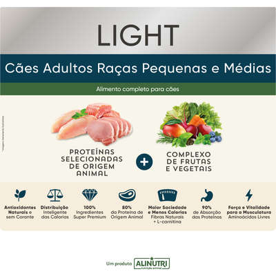 Ração Seca Alinutri Nature Fórmula Pro Light para Cães Adultos Raças Pequenas e Médias