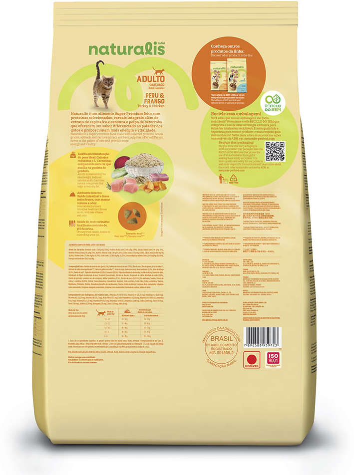 Ração Seca Total Naturalis Peru e Frango para Gatos Adultos Castrados - 9Kg