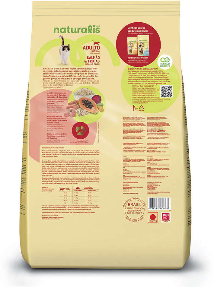 Ração Seca Total Naturalis Salmão e Frutas para Gatos Adultos Castrados - 9Kg