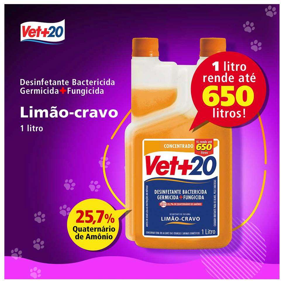 Desinfetante Vet+20 Bactericida Limão e Cravo - 1 Litro