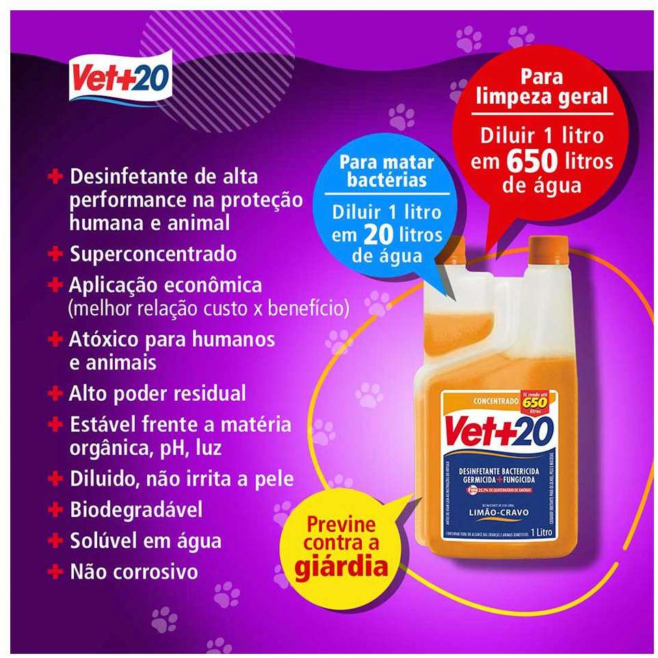Desinfetante Vet+20 Bactericida Limão e Cravo - 1 Litro