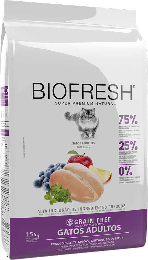 Ração Seca Biofresh Frango Fresco, Maçãs, Orégano e Blueberry para Gatos Adultos - 1,5Kg