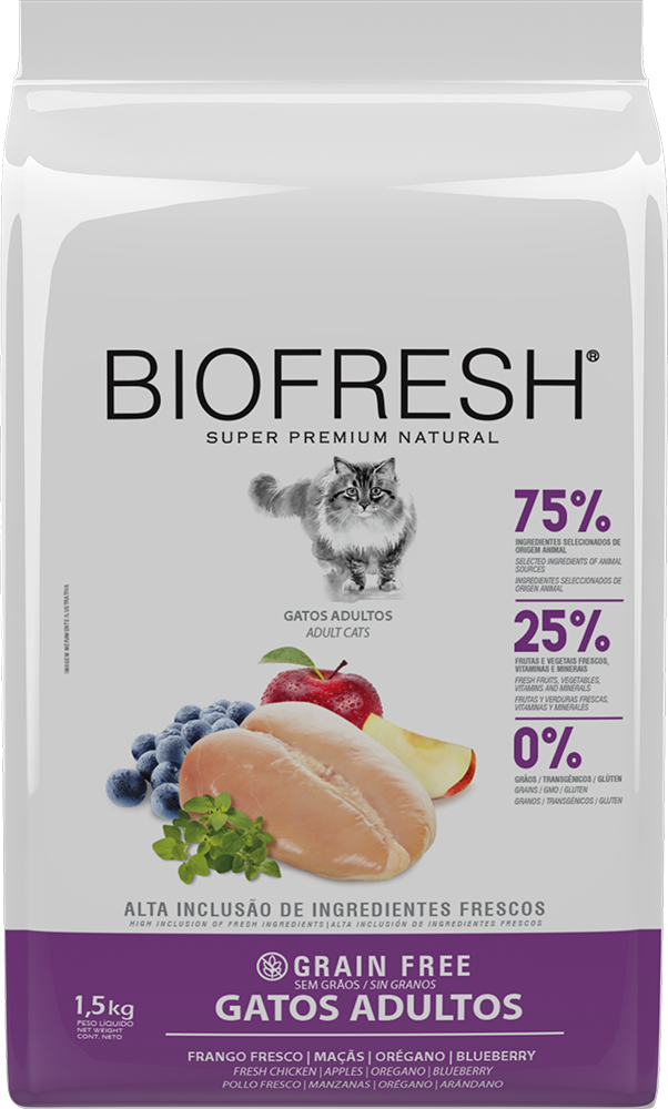 Ração Seca Biofresh Frango Fresco, Maçãs, Orégano e Blueberry para Gatos Adultos - 1,5Kg