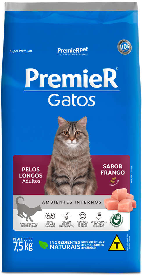 Ração Premier Pet Gatos Ambientes Internos Pelos Longos Adultos Frango - 7,5Kg