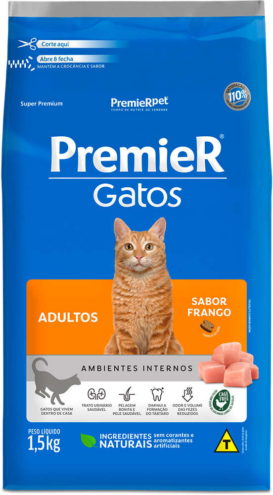 Ração Premier Pet Gatos Ambientes Internos Adultos Frango - 1,5Kg