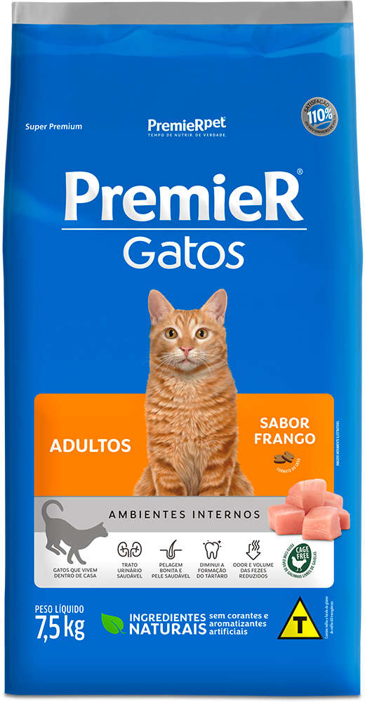 Ração Premier Pet Gatos Ambientes Internos Adultos Frango - 7,5Kg