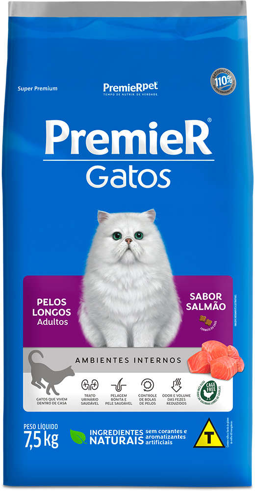 Ração Premier Pet Gatos Ambientes Internos Pelos Longos Adultos Salmão - 7,5Kg