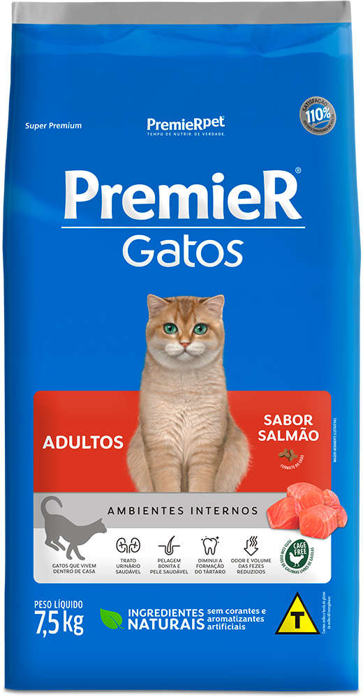Ração Premier Pet Gatos Adultos Ambientes Internos Salmão - 7,5Kg